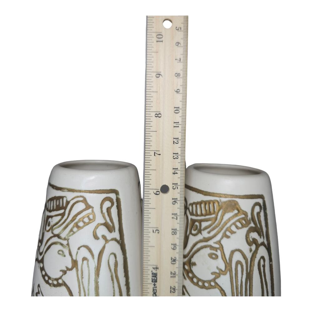 Vintage Mid-Century Mayan Aztec Native Design Vase Pair Cream Gold USA Made - Picture 16 of 16